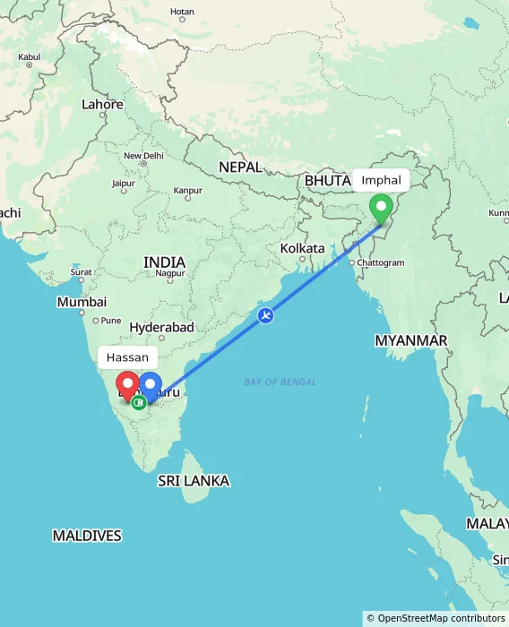 Route map showing distance and travel time from Imphal, India to Hassan, India