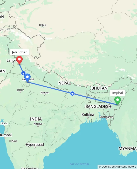 Route map showing distance and travel time from Imphal, India to Jalandhar, India