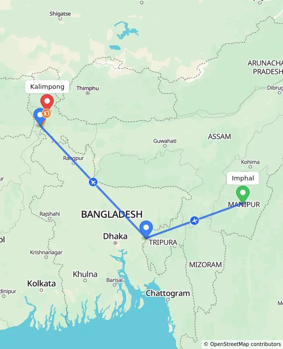 Route map showing distance and travel time from Imphal, India to Kalimpong, India