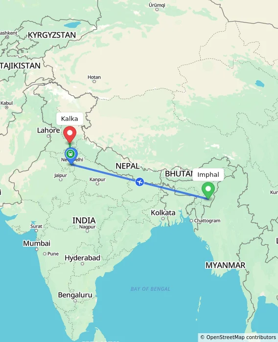 Route map showing distance and travel time from Imphal, India to Kalka, India