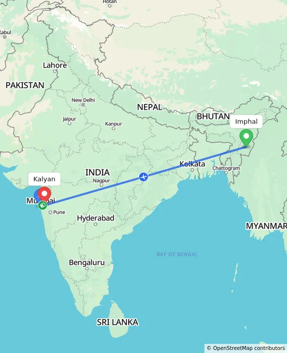Route map showing distance and travel time from Imphal, India to Kalyan, India