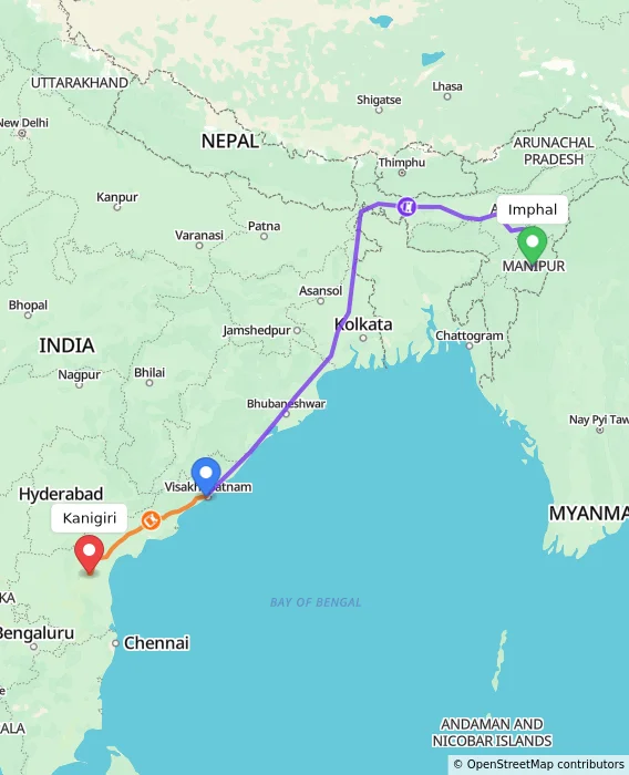Route map showing distance and travel time from Imphal, India to Kanigiri, India