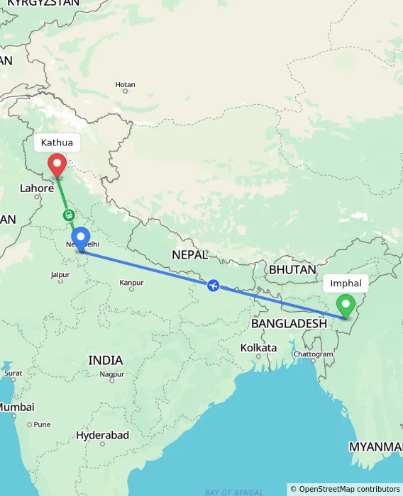 Route map showing distance and travel time from Imphal, India to Kathua, India