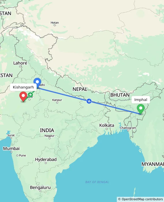 Route map showing distance and travel time from Imphal, India to Kishangarh, India
