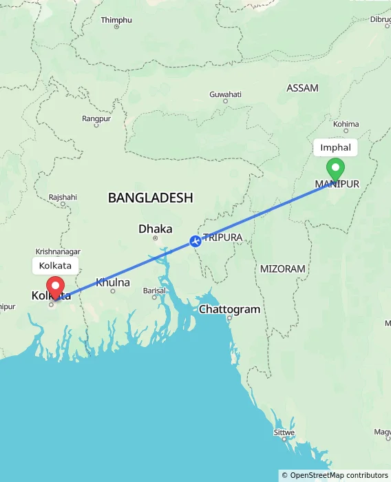 Route map showing distance and travel time from Imphal, India to Kolkata, India