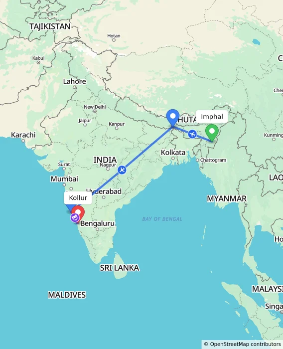 Route map showing distance and travel time from Imphal, India to Kollur, India