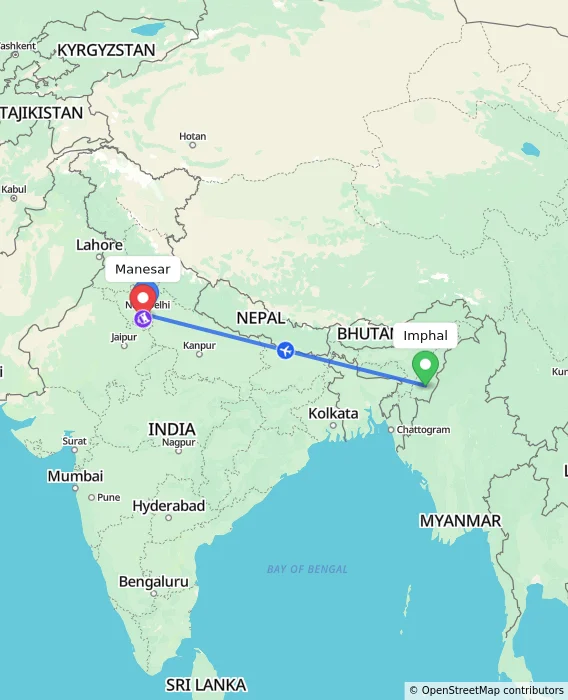 Route map showing distance and travel time from Imphal, India to Manesar, India