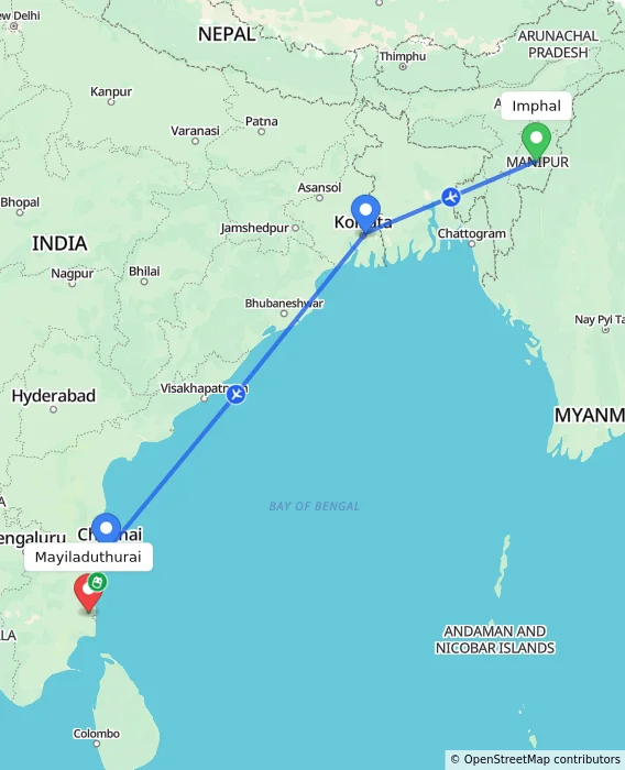 Route map showing distance and travel time from Imphal, India to Mayiladuthurai, India