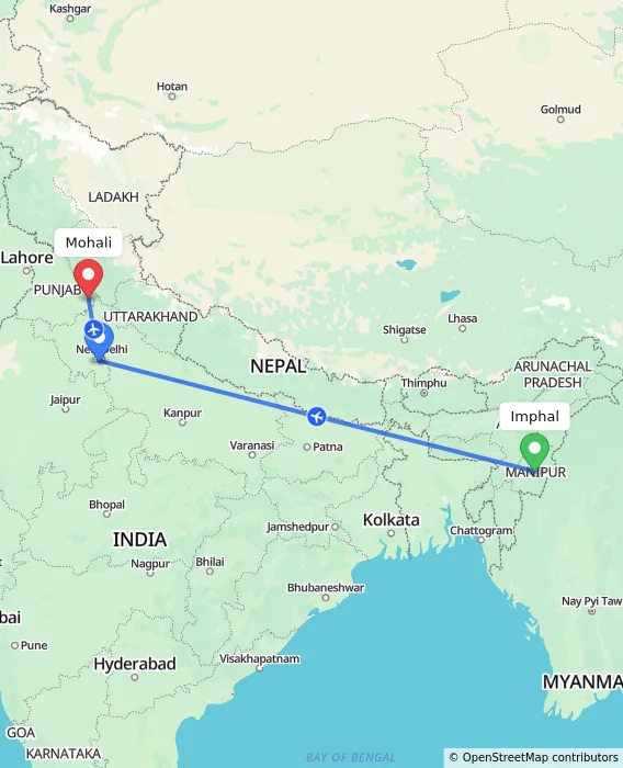 Route map showing distance and travel time from Imphal, India to Mohali, India
