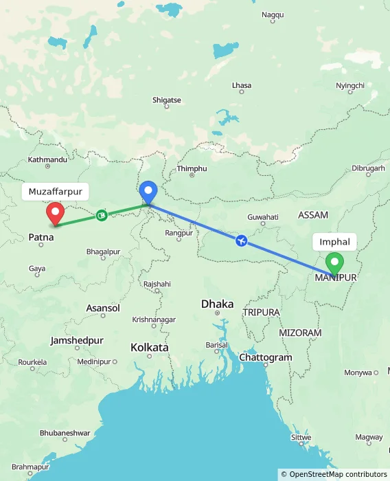 Route map showing distance and travel time from Imphal, India to Muzaffarpur, India