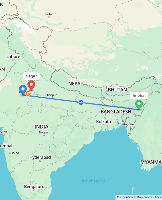 Route map showing distance and travel time from Imphal, India to Nagar, India
