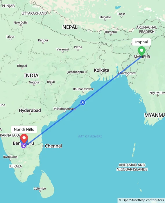 Route map showing distance and travel time from Imphal, India to Nandi Hills, India