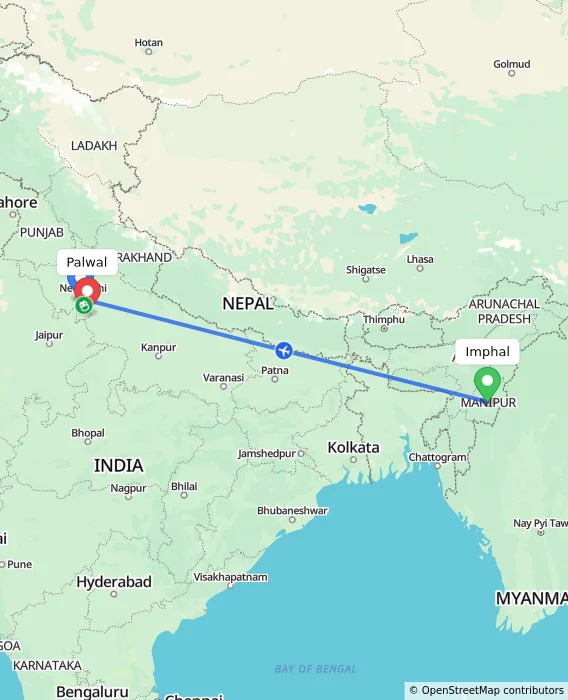 Route map showing distance and travel time from Imphal, India to Palwal, India
