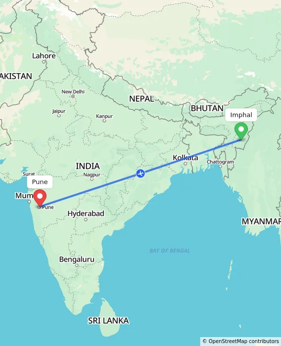Route map showing distance and travel time from Imphal, India to Pune, India