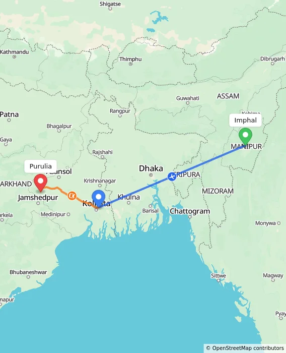 Route map showing distance and travel time from Imphal, India to Purulia, India