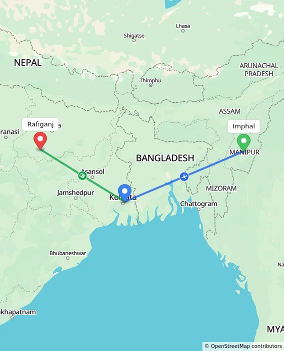 Route map showing distance and travel time from Imphal, India to Rafiganj, India