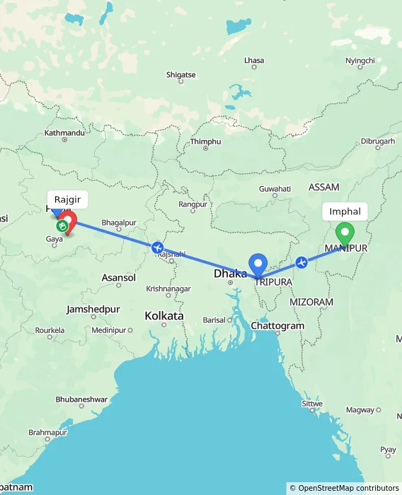 Route map showing distance and travel time from Imphal, India to Rajgir, India