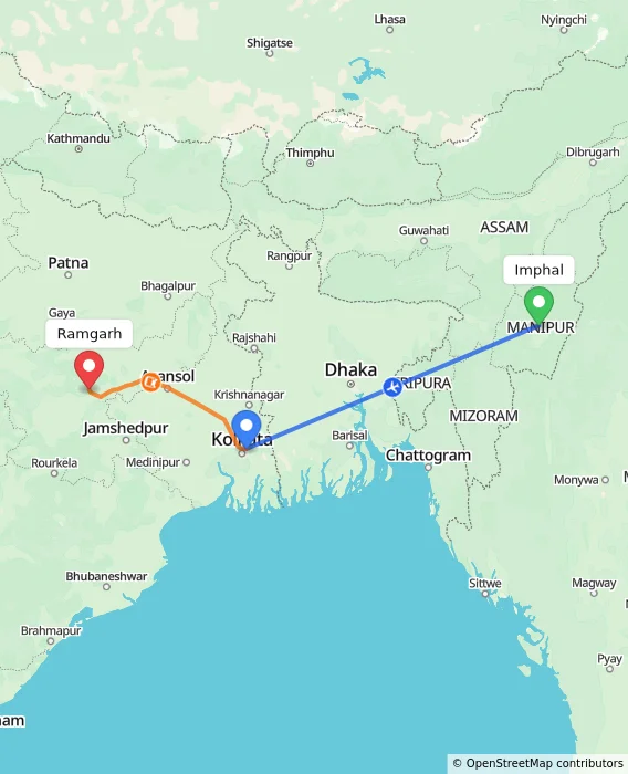Route map showing distance and travel time from Imphal, India to Ramgarh, India