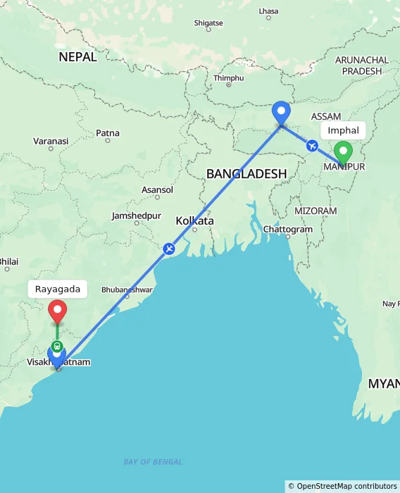 Route map showing distance and travel time from Imphal, India to Rayagada, India