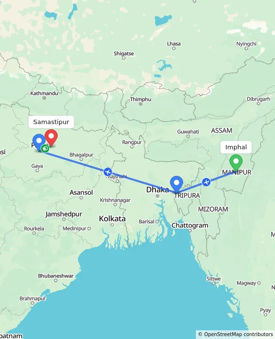 Route map showing distance and travel time from Imphal, India to Samastipur, India