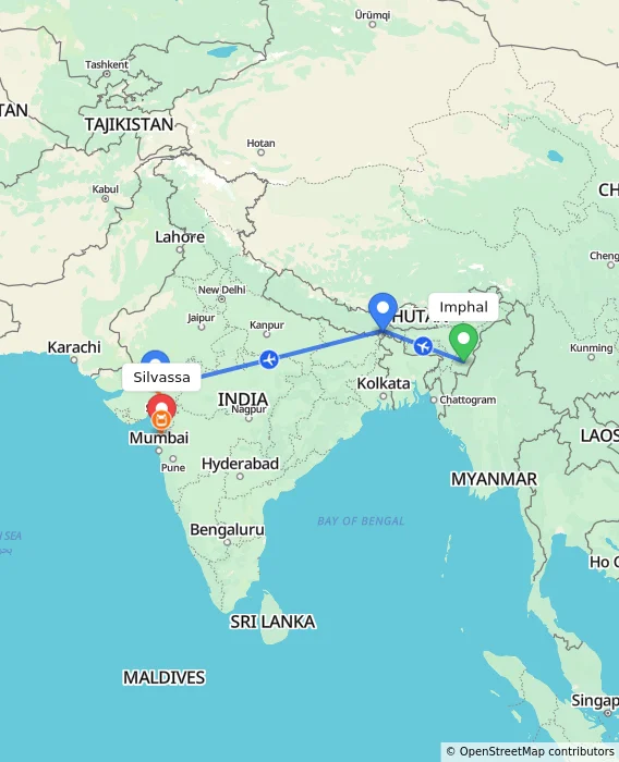 Route map showing distance and travel time from Imphal, India to Silvassa, India