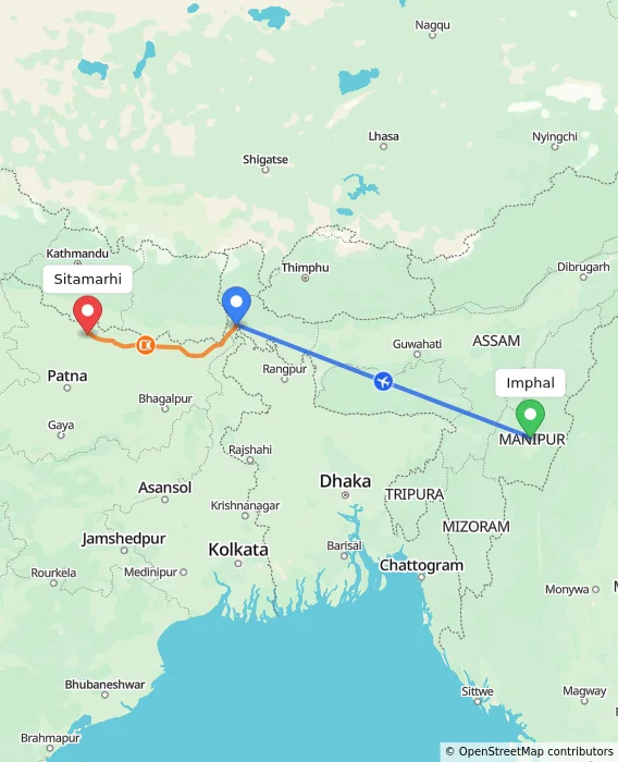 Route map showing distance and travel time from Imphal, India to Sitamarhi, India