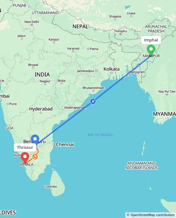 Route map showing distance and travel time from Imphal, India to Thrissur, India