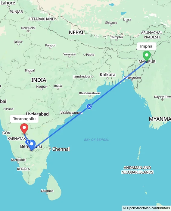 Route map showing distance and travel time from Imphal, India to Toranagallu, India