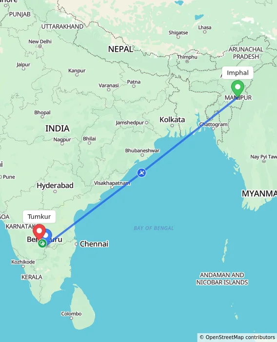 Route map showing distance and travel time from Imphal, India to Tumkur, India