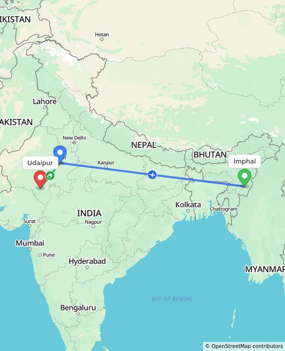 Route map showing distance and travel time from Imphal, India to Udaipur, India
