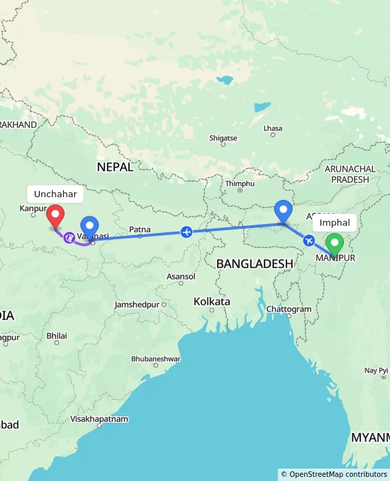 Route map showing distance and travel time from Imphal, India to Unchahar, India