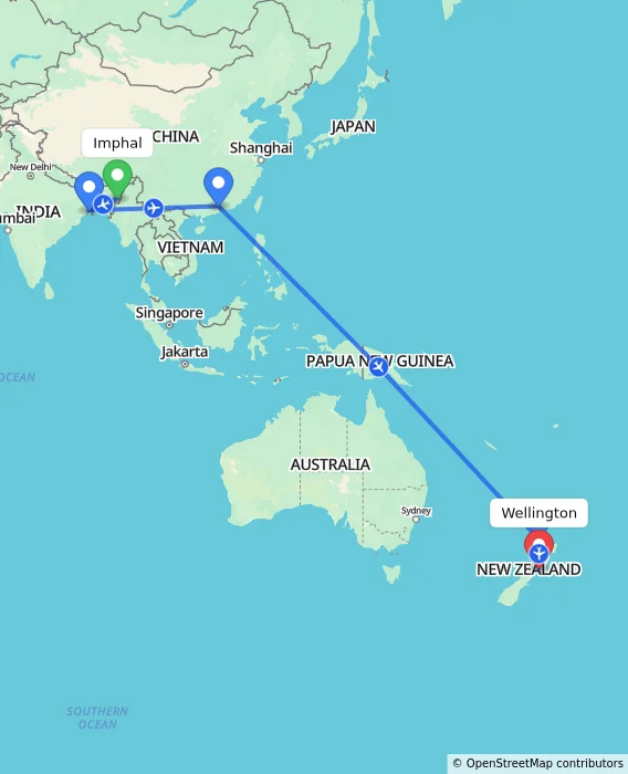 Route map showing distance and travel time from Imphal, India to Wellington, New Zealand