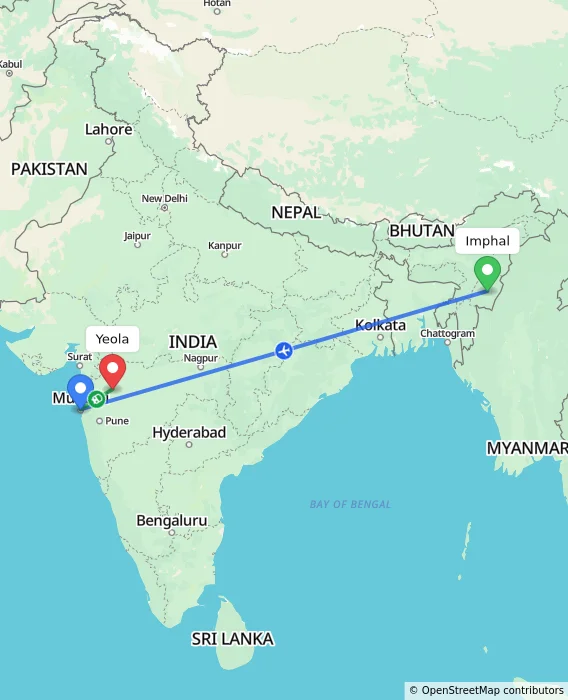 Route map showing distance and travel time from Imphal, India to Yeola, India