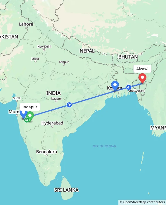Route map showing distance and travel time from Indapur, India to Aizawl, India