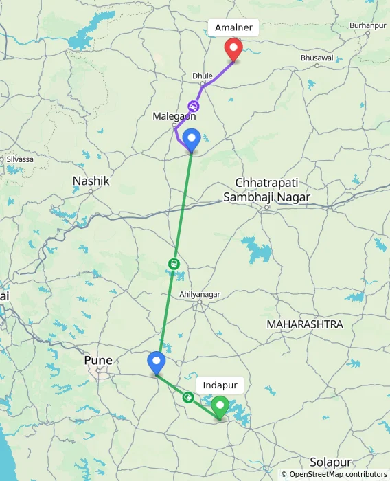 Route map showing distance and travel time from Indapur, India to Amalner, India