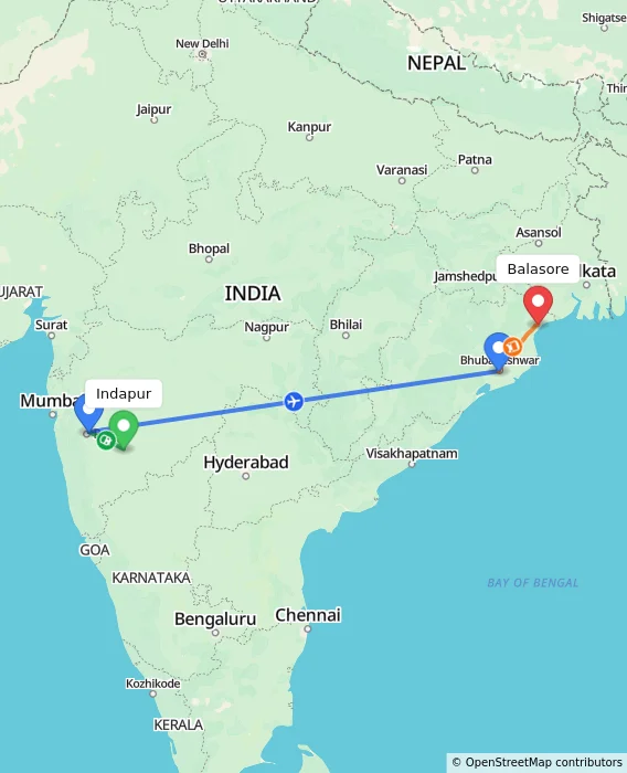 Route map showing distance and travel time from Indapur, India to Balasore, India
