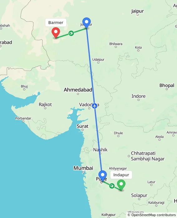 Route map showing distance and travel time from Indapur, India to Barmer, India