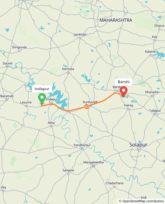 Route map showing distance and travel time from Indapur, India to Barshi, India
