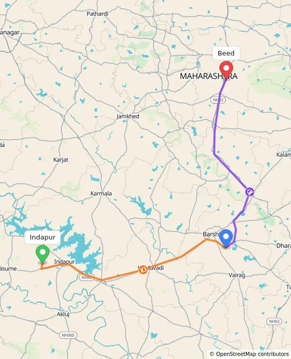 Route map showing distance and travel time from Indapur, India to Beed, India