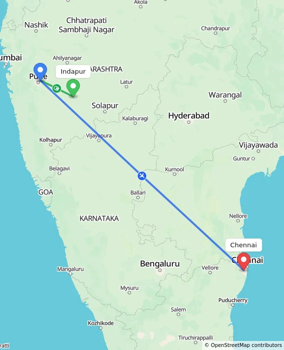 Route map showing distance and travel time from Indapur, India to Chennai, India