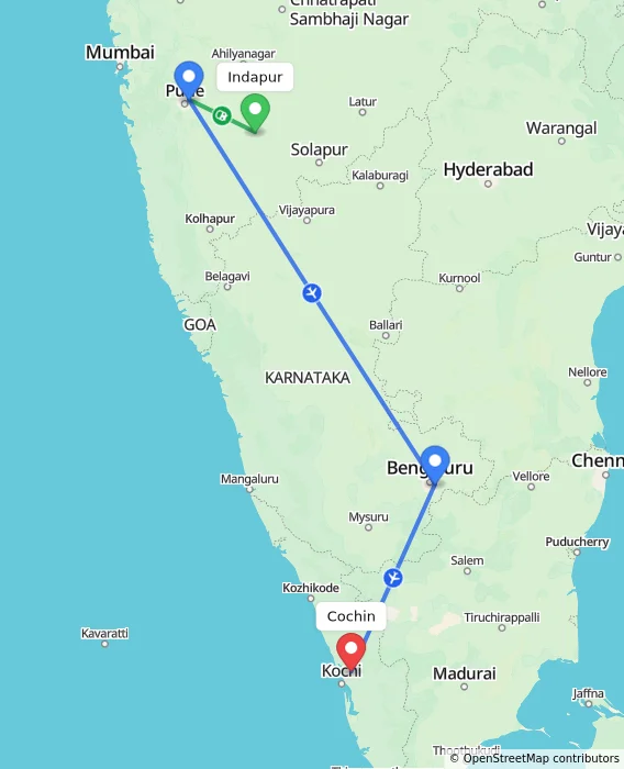 Route map showing distance and travel time from Indapur, India to Cochin, India