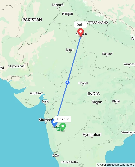 Route map showing distance and travel time from Indapur, India to Delhi, India