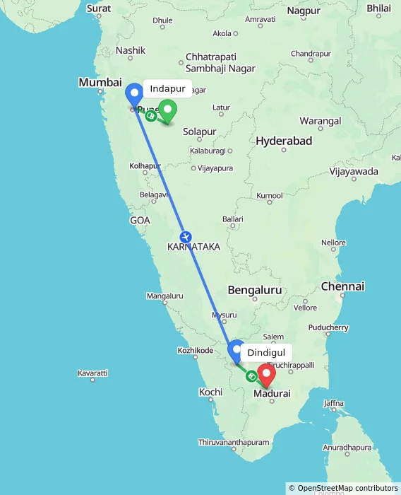 Route map showing distance and travel time from Indapur, India to Dindigul, India