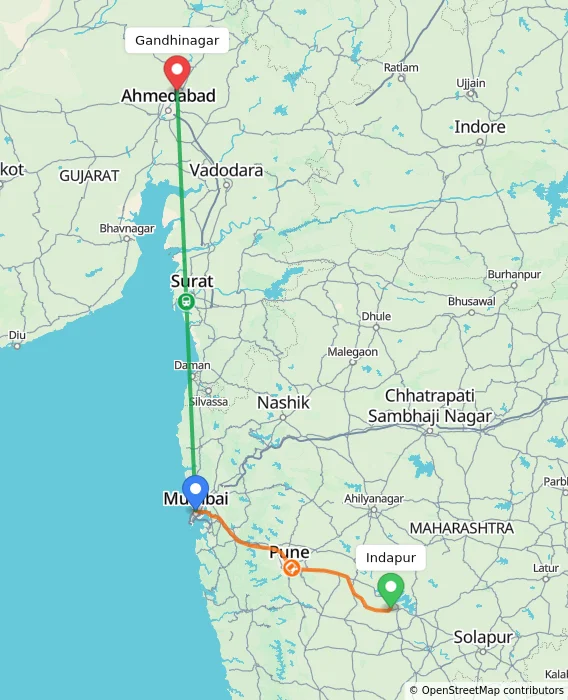 Route map showing distance and travel time from Indapur, India to Gandhinagar, India
