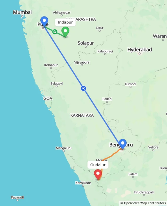 Route map showing distance and travel time from Indapur, India to Gudalur, India