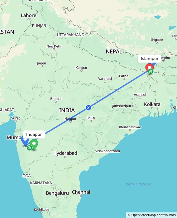 Route map showing distance and travel time from Indapur, India to Islampur, India