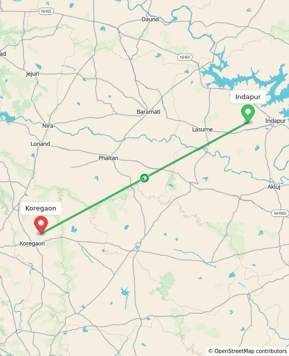 Route map showing distance and travel time from Indapur, India to Koregaon, India