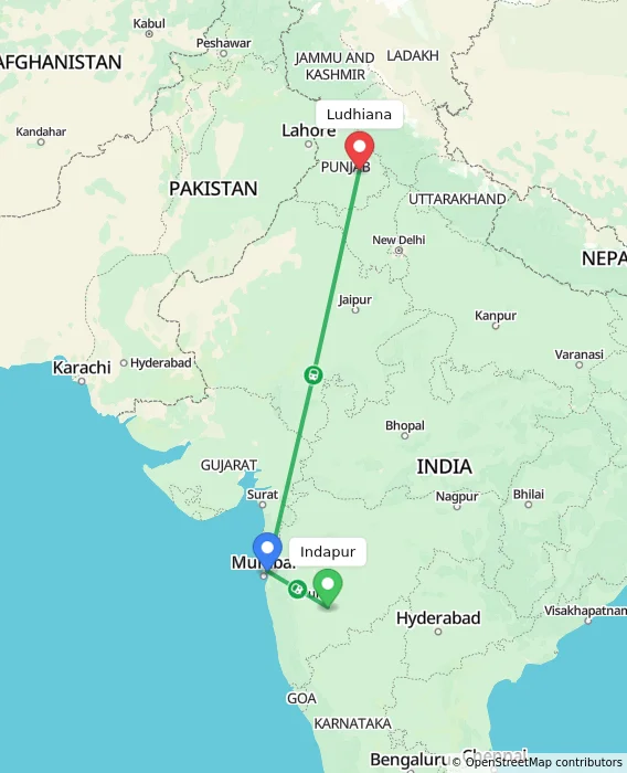Route map showing distance and travel time from Indapur, India to Ludhiana, India