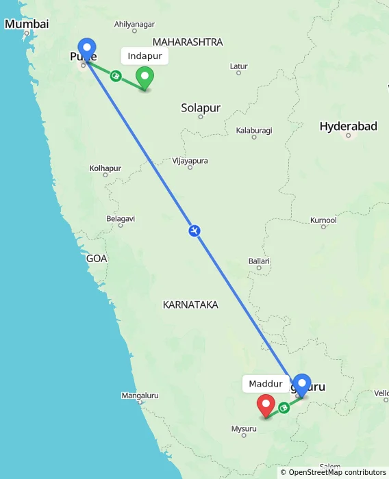 Route map showing distance and travel time from Indapur, India to Maddur, India