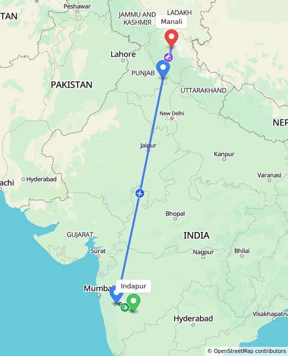 Route map showing distance and travel time from Indapur, India to Manali, India